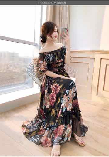 Đầm maxi hoa bẹt vai tay bèo Đầm maxi hoa bẹt vai tay bèo