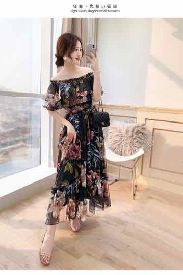 Đầm maxi hoa bẹt vai tay bèo Đầm maxi hoa bẹt vai tay bèo