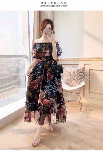 Đầm maxi hoa bẹt vai tay bèo Đầm maxi hoa bẹt vai tay bèo