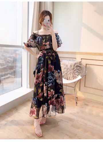 Đầm maxi hoa bẹt vai tay bèo Đầm maxi hoa bẹt vai tay bèo