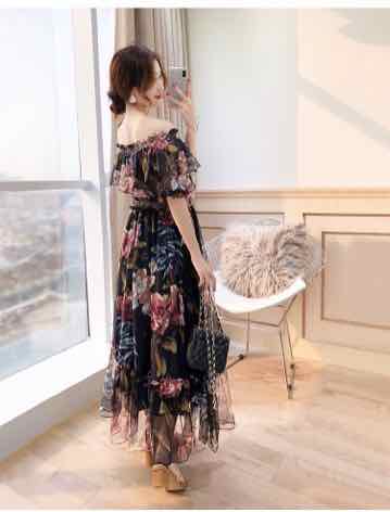 Đầm maxi hoa bẹt vai tay bèo Đầm maxi hoa bẹt vai tay bèo