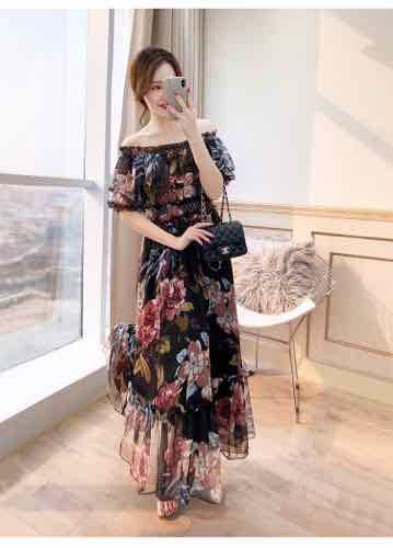 Đầm maxi hoa bẹt vai tay bèo Đầm maxi hoa bẹt vai tay bèo