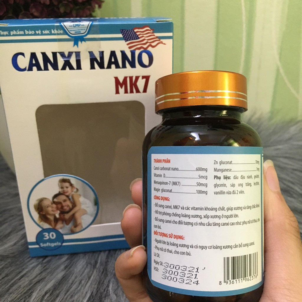 Viên uống Canxi Nano MK7 phát triển chiều cao  chắc khỏe xương Lọ 30 viên