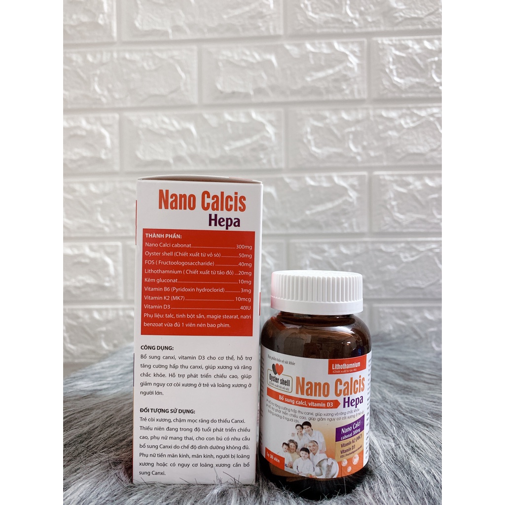 Viên uống NANO CALCIS HEPA - bổ sung canxi từ vỏ sò tảo biển cho bà bầu trẻ em Lọ 30 viên
