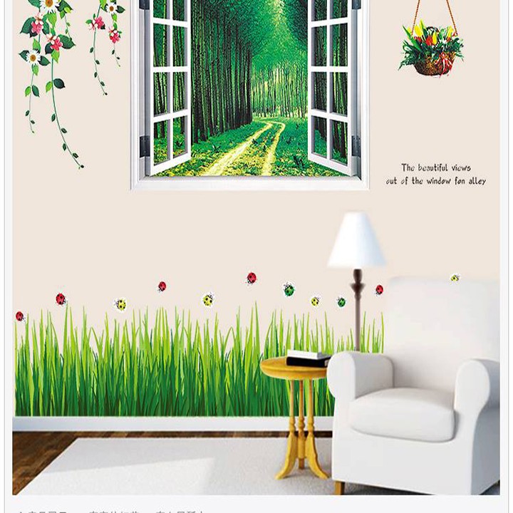 Bộ decal cửa sổ con đường và chân tường cỏ xanh PK217