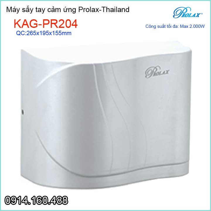 Máy sấy tay cảm ứng Prolax Thailand KAG-PR204 nhựa trắng công suất 2000w tốc độ gió 16m/giây nhanh làm không tay