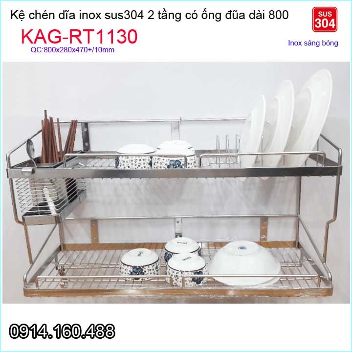 Kệ chén dĩa 8t inox 304, kệ úp chén dĩa 2 tầng inox kag-rt1130