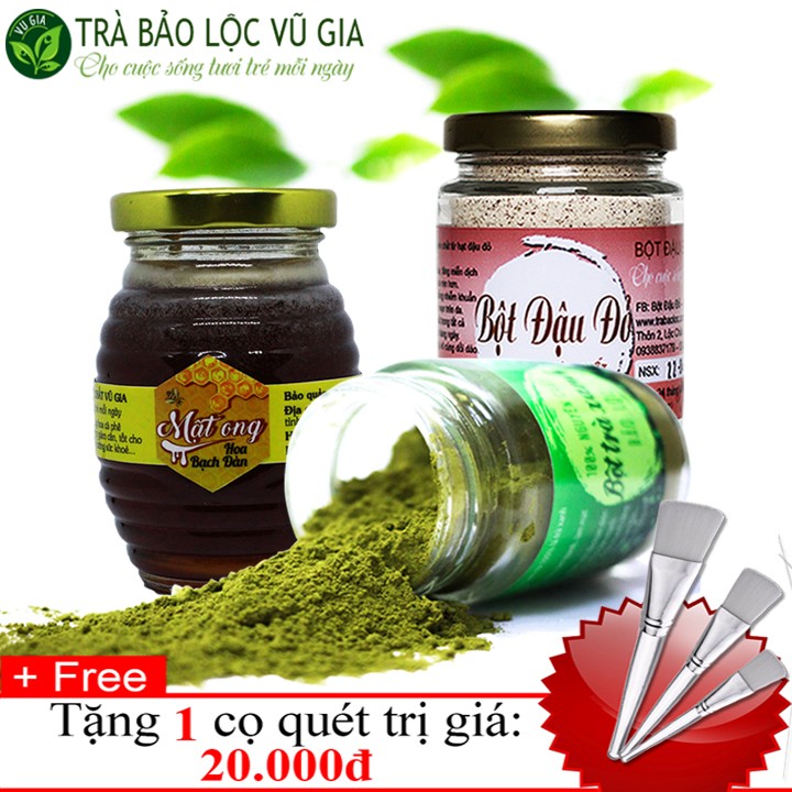 Bột trà xanh+bột đậu đỏ+mật ong hoa bạch đàn- nguyên chất vũ gia -+tặng cọ quét