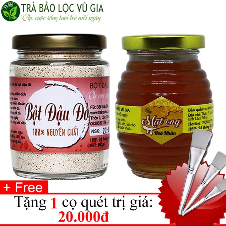 Combo bột đậu đỏ + mật ong hoa nhãn - nguyên chất vũ gia - + tặng cọ quét