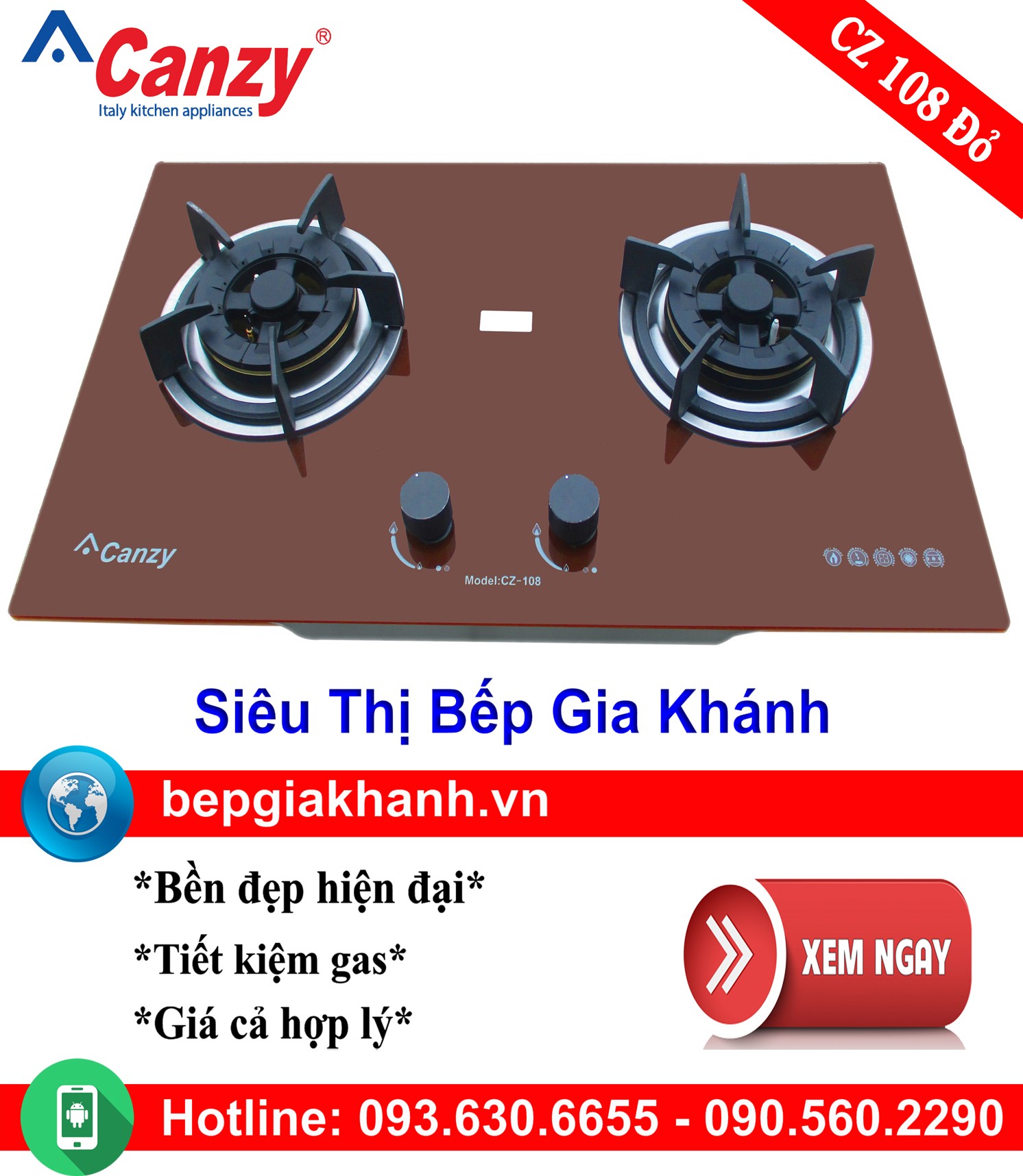 Bếp Gas Âm Canzy CZ 108 Đỏ (Mã SP: CZ 108 Đỏ)