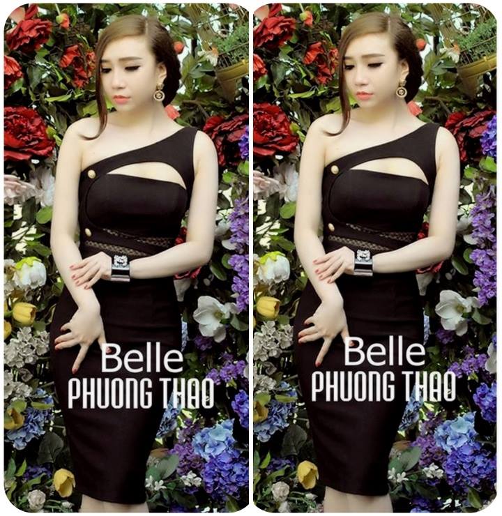 Đầm đen body lệch vai phối lưới eo giống Bella