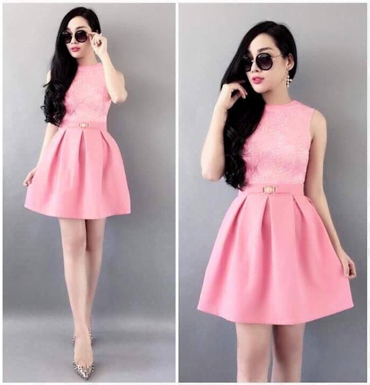 Đầm xòe phối ren kèm belt bạch nguyễn