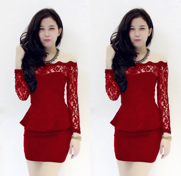 Đầm Peplum phối ren trễ vai
