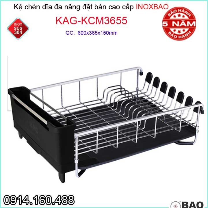 Kệ chén dĩa đa năng inox bảo kag-kcm3655, giá đựng bát đĩa đặt bàn sus304 dập đặc cao cấp 60cm có ống đũa siêu bền