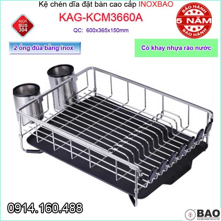 Kệ úp chén dĩa đa năng inox bảo kag-kcm3660a, giá đựng bát đĩa đặt bàn sus304 dập đặc cao cấp 60cm kèm 2 ống đũa siêu bền