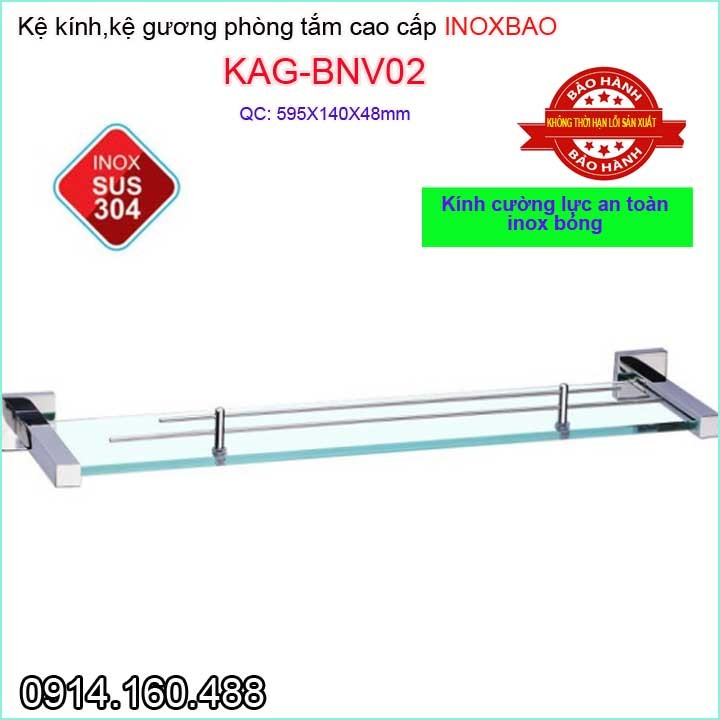 Kệ kính phòng tắm Inox Bảo KAG-BNV02, kệ kiếng cường lực 595mm pát vuông dập khuôn cao cấp thiết kế đẹp sang trọng