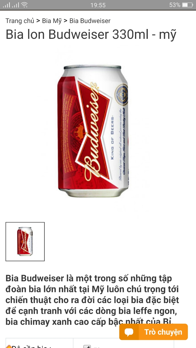 Bia Budweiser (Mã SP: bia)
