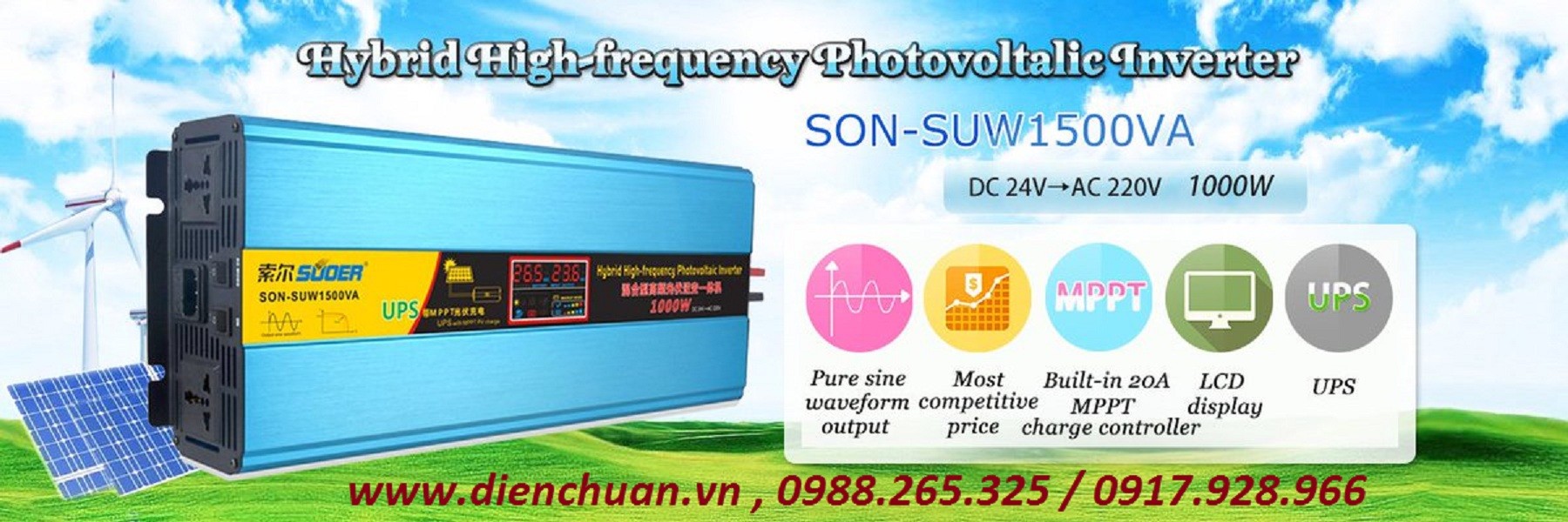 Kích đổi điện suoer 24v 1500va kèm sạc ac, sạc dc solar son-suw1500va