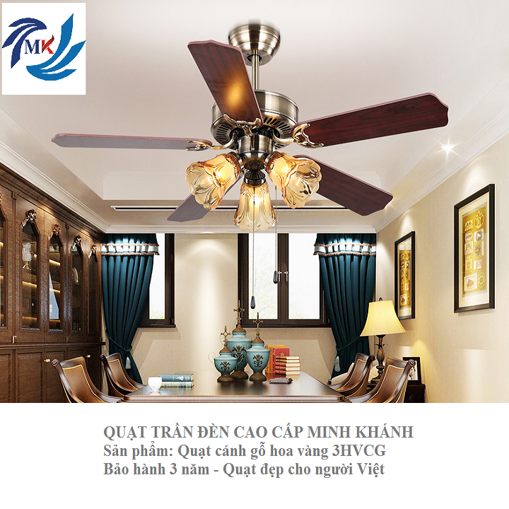 Quạt trần đèn cánh gỗ 3 đèn hòa vàng Minh Khánh (Mã SP: 3HVCG)