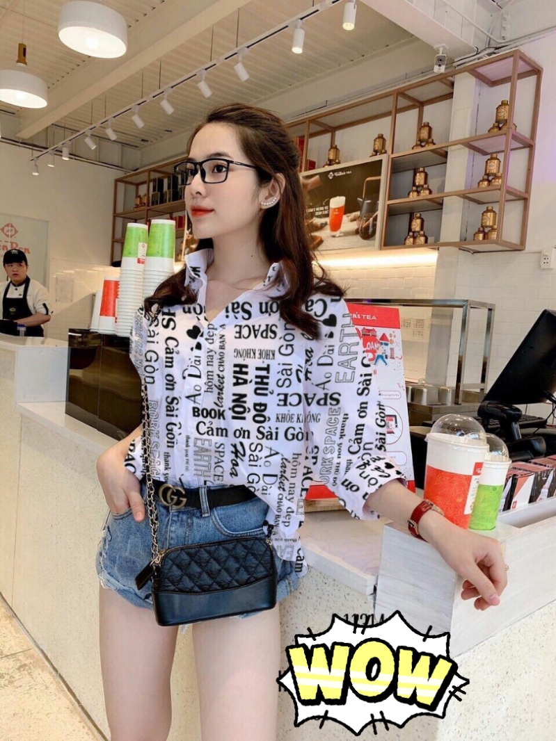 Áo sơ mi nữ in chữ siêu hót sm374