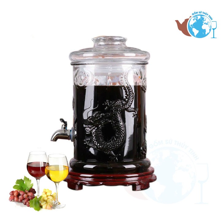 Bình ngâm sâm 8 lít thủy tinh dáng trụ hoa văn rồng có van