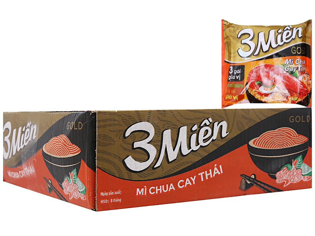 Thùng 30 gói mì 3 Miền Gold chua cay Thái 75g