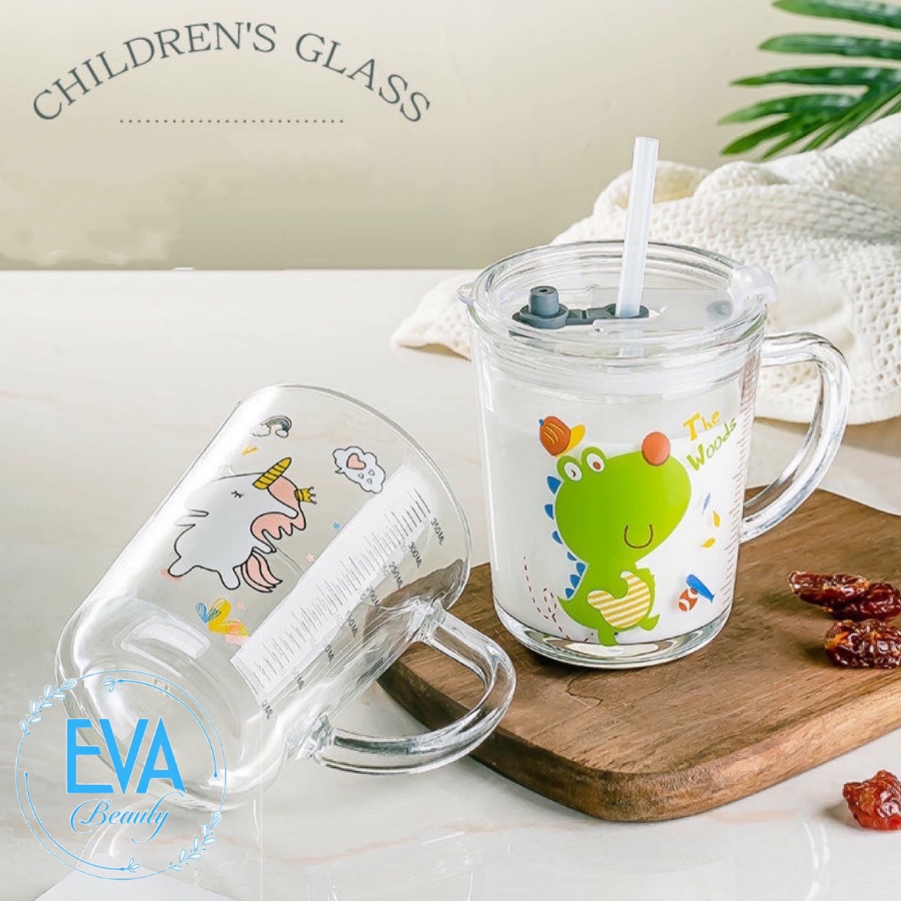 Ca Thuỷ Tinh Có Vạch Chia Ml / Cốc Thuỷ Tinh Chia Vạch Ml Lường nước Có Nắp Đậy Kèm Ống Hút Cho Bé M3518 (Mã SP: 003518)