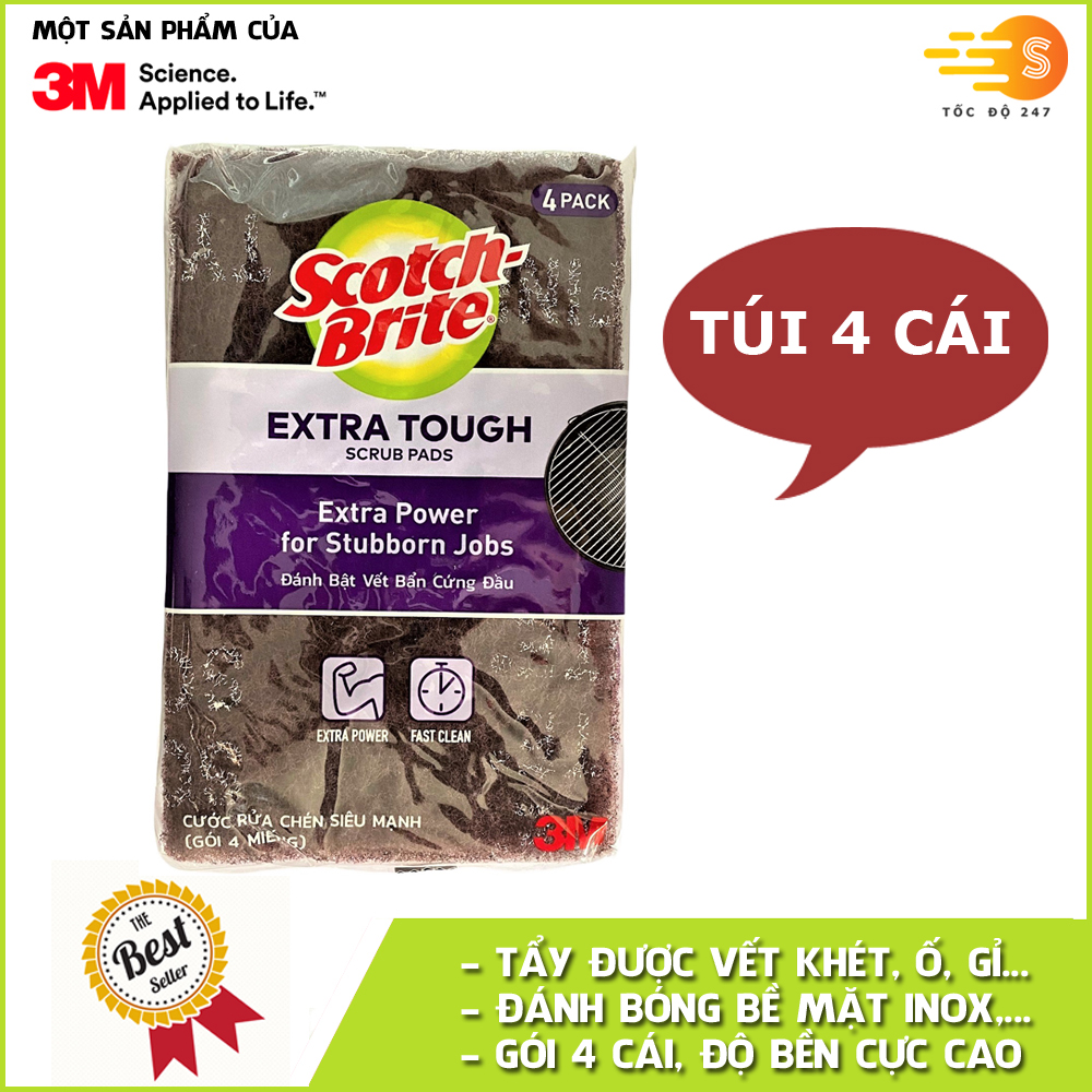 Gói 4 miếng cước cọ rửa mạnh hơn inox Scotch-Brite 3M 7447