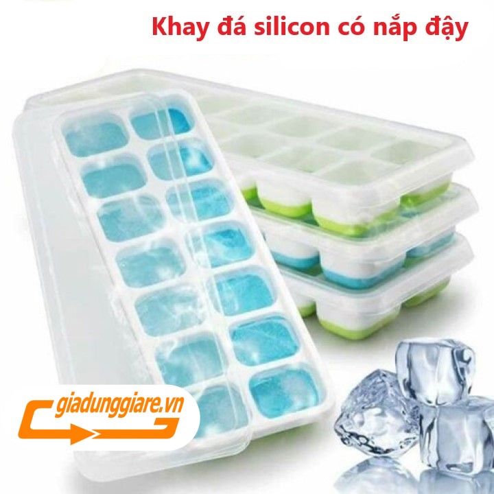 Set 04 Khay đá silicon (14 ngăn , 4 mầu) có nắp đậy không dính mùi thực phẩm, làm rau câu, làm kem, khay trữ đông ăn dặm (Mã SP: PVN1065)