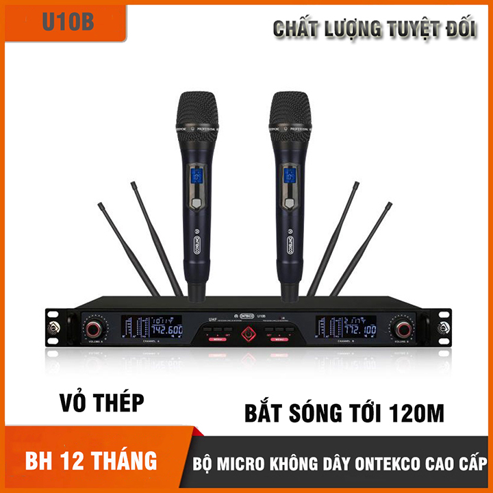Bộ micro không dây karaoke ontekco u10b cao cấp, vỏ thép, bắt sóng xa tới 120m, chuyên dụng loa kéo, amply - bảo hành 12 tháng
