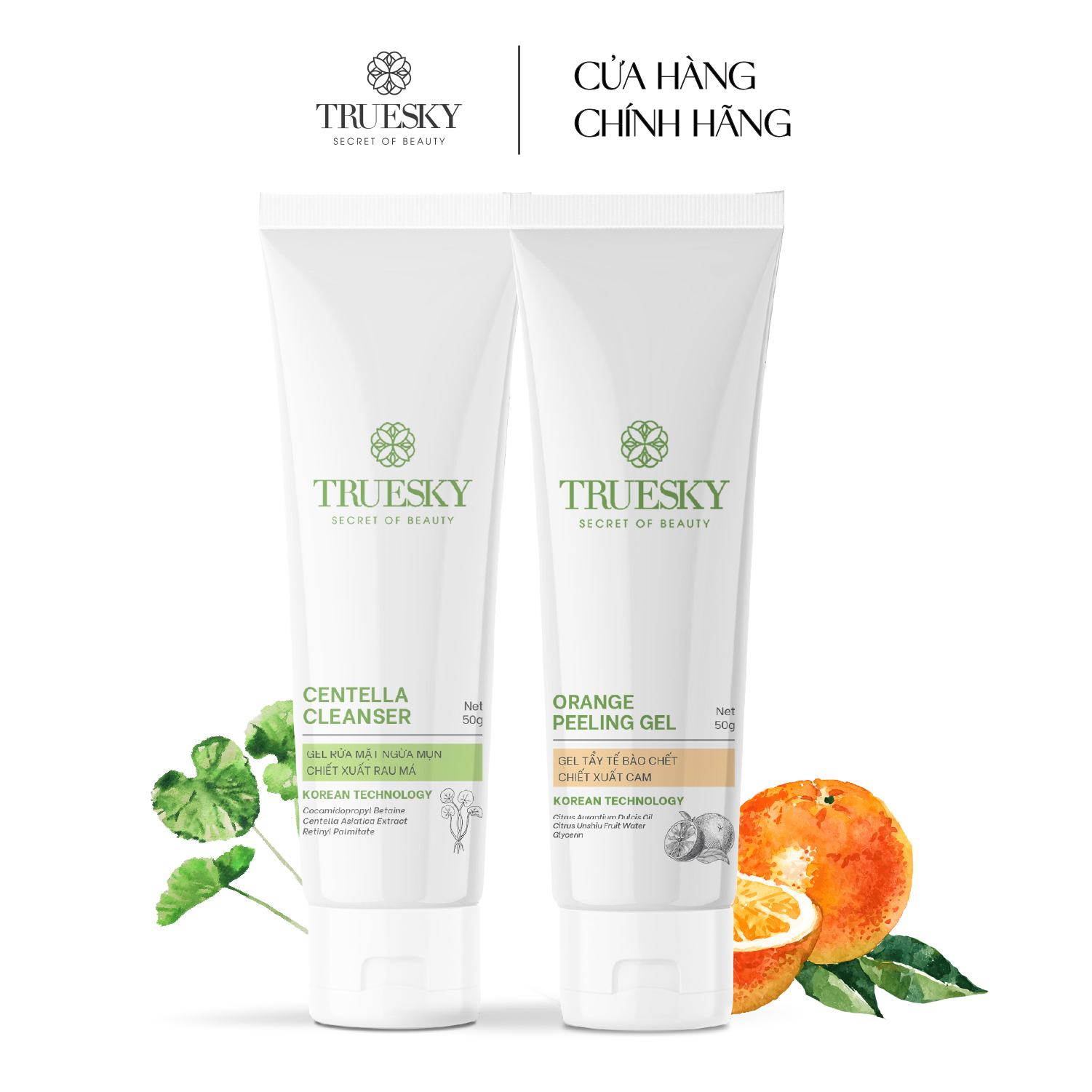 Combo làm sạch và ngừa mụn da mặt Truesky gồm 1 tẩy tế bào chết cam 50g +1 gel rửa mặt rau má 50g (Mã SP: centella50g_orange50g)