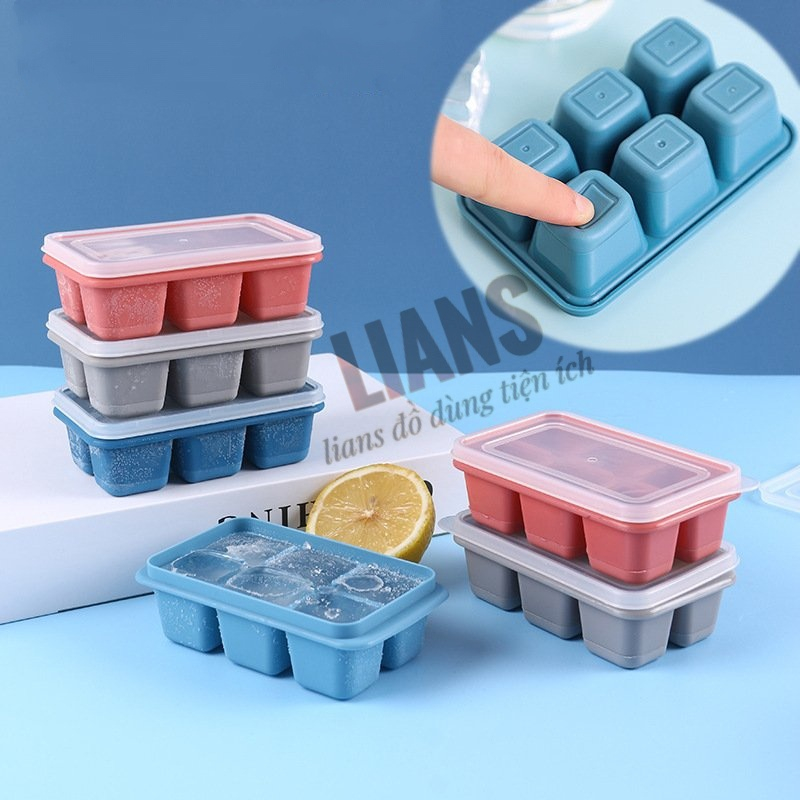 Khay làm đá viên tủ lạnh 6 ô, khuôn đá silicon 6 ngăn có nắp đậy (Mã SP: KLD001)