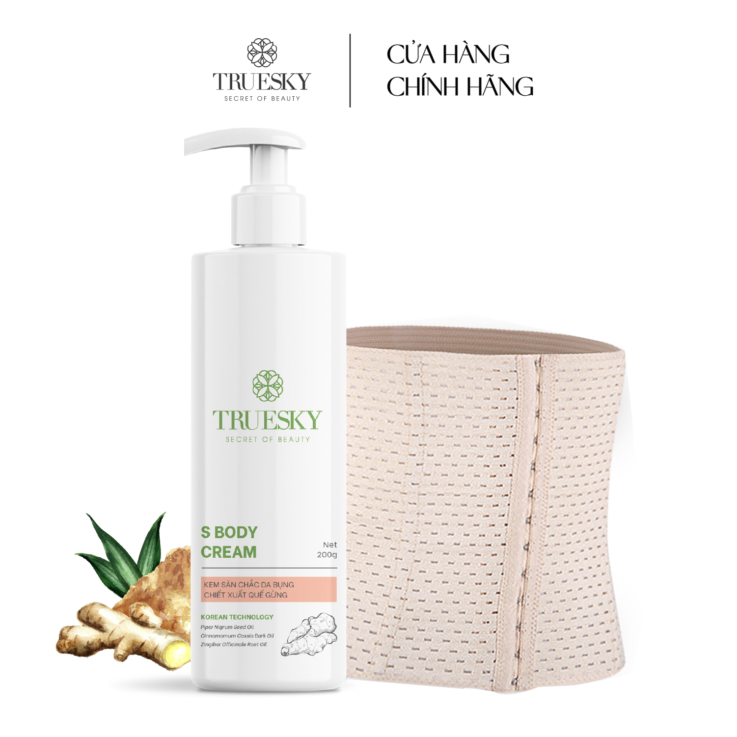 Bigsize - Bộ sản phẩm tan mỡ bụng Truesky an toàn và hiệu quả gồm 1 kem tan mỡ bụng quế gừng 200g + 1 đại nịt bụng quấn nóng (Mã SP: sbody200g_gen)