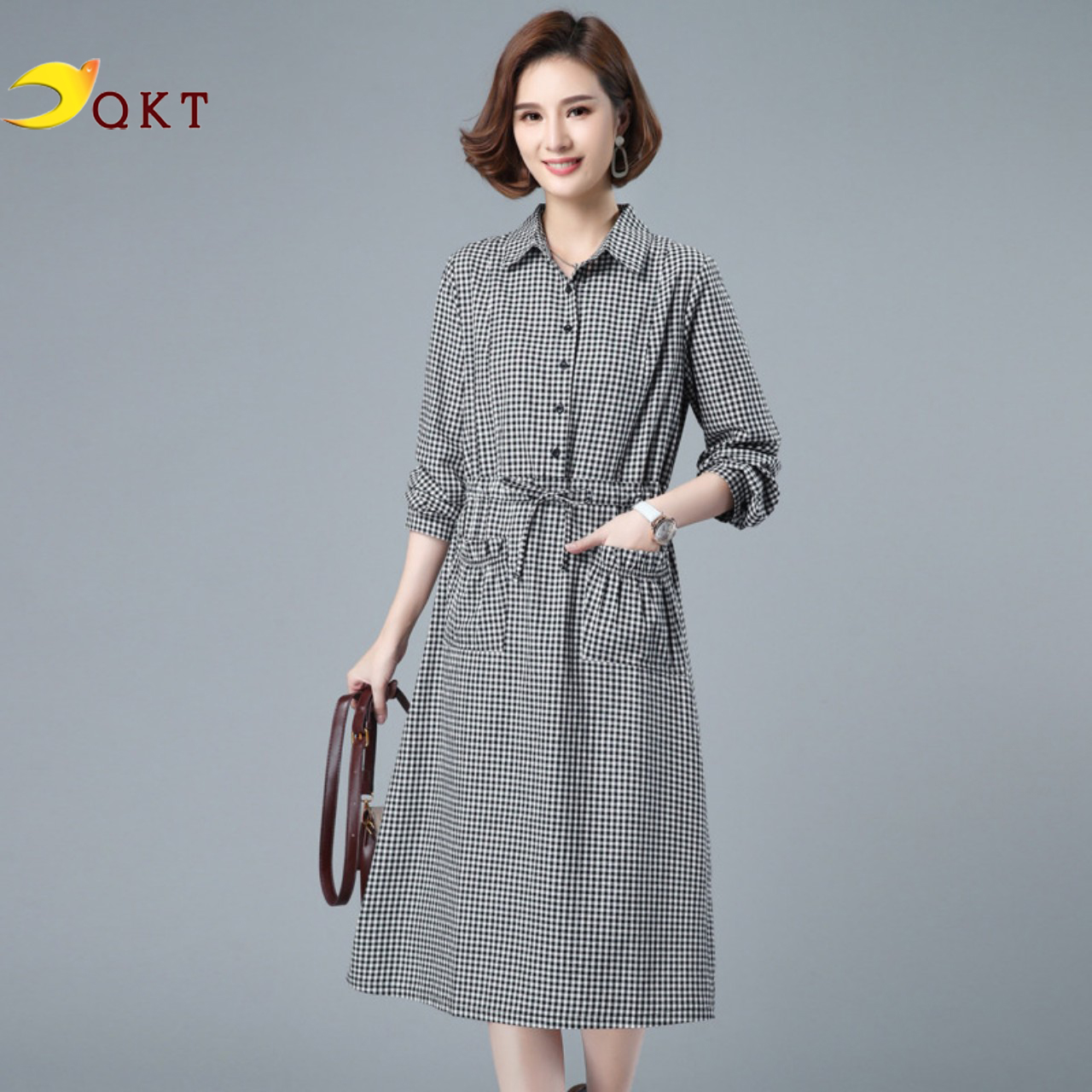 Váy sơ mi kẻ sọc caro dài tay có kèm dây eo, túi trước thời trang thu đông QKT Da186 (Mã SP: 700_96618441)