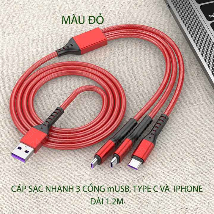 Cáp sạc nhanh 66W 3 trong 1 vỏ bọc dù siêu bền, dài 1.2m (Mã SP: CSN3-66W1.2)