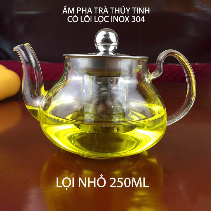 Ấm pha trà bằng thủy tinh có bộ lọc bằng inox 304, loại nhỏ dung tích 250ml (Mã SP: ATPT.250ml)