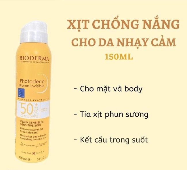 Xịt chống nắng Bioderma Photoderm Brume Invisible Mist SPF50+ Sensitive Skin của Pháp chai 150ml - Mẫu mới 2022