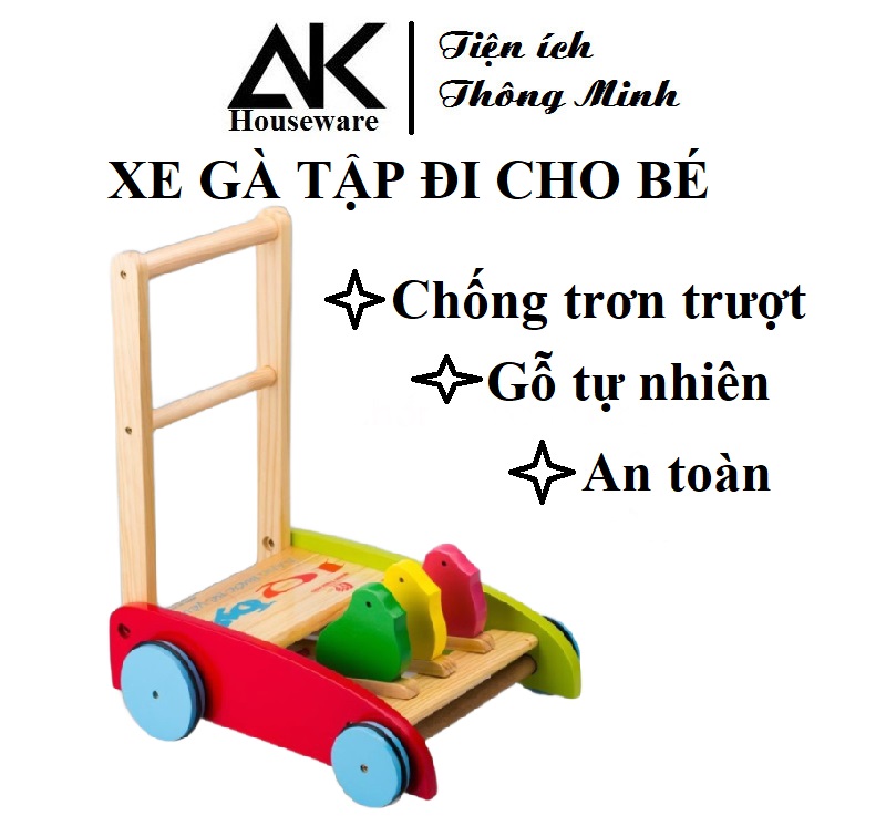 Xe Tập Đi Bằng Gỗ 3 Con Gà Chống Trượt An Toàn Cho Bé Yêu - Xe Đẩy Con Gà Gỗ Tự Nhiên Hàng Việt Nam Cao Cấp (Mã SP: XEGA)