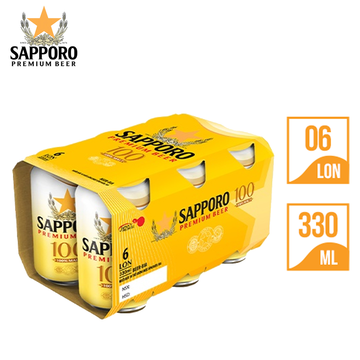 LỐC 6 LON BIA SAPPORO PREMIUM BEER 100 [330ML] (Mã SP: 8936061260508)