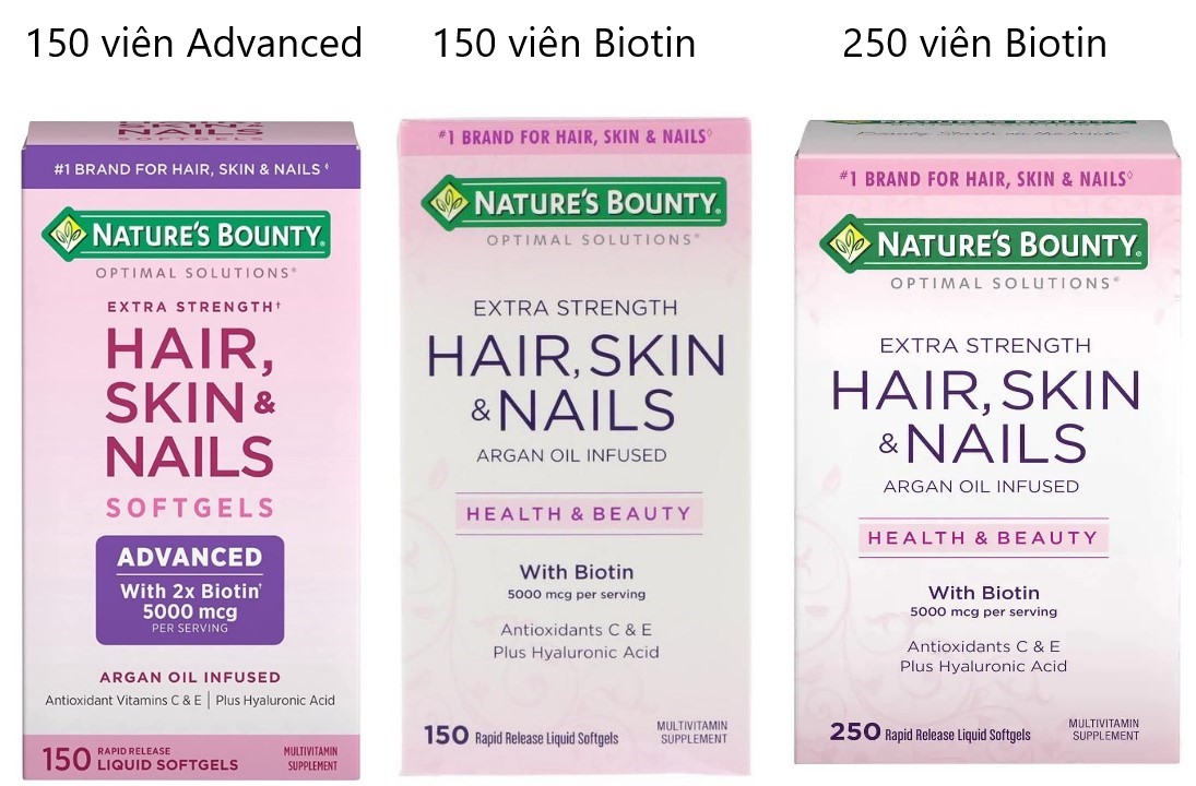 Viên uống bổ sung biotin và collagen giúp đẹp da, móng, tóc Nature's Bounty Hair Skin Nails Argan Oil Infused with Biotin 2500mcg của Mỹ hộp 150 viên và 250viên