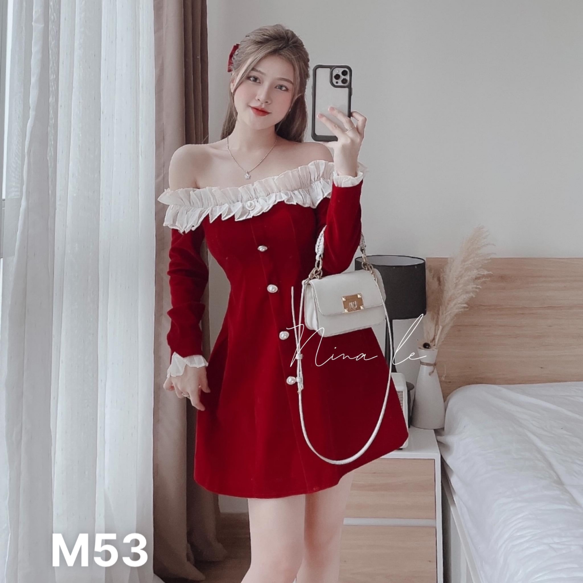 Đầm trể vai tay dài phối nút nhung chạy viền ren gọi cảm dự tiệc M53 (Mã SP: M53)