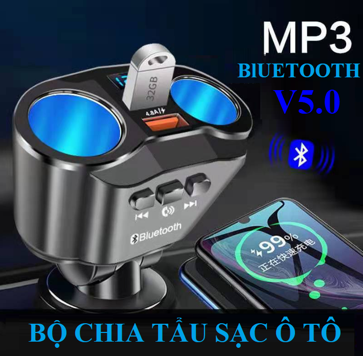 Tẩu sạc ô tô Bộ chia tẩu sạc ô tô kết nối bluetooth V5.0 rảnh tay sạc nhanh 4.8A màn hình kỹ thuật số (Mã SP: BO-CHIA-TAU-SAC)