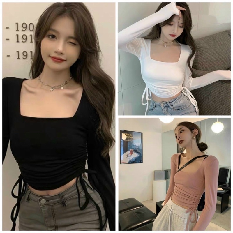 Áo thun cổ vuông Áo Croptop Tay Dài Nữ Cổ Vuông Ôm Body Co Giãn Chất Borip Tốt Áo thun kiểu nữ dài tay mặc đẹp GB9877 (Mã SP: 7652941712)