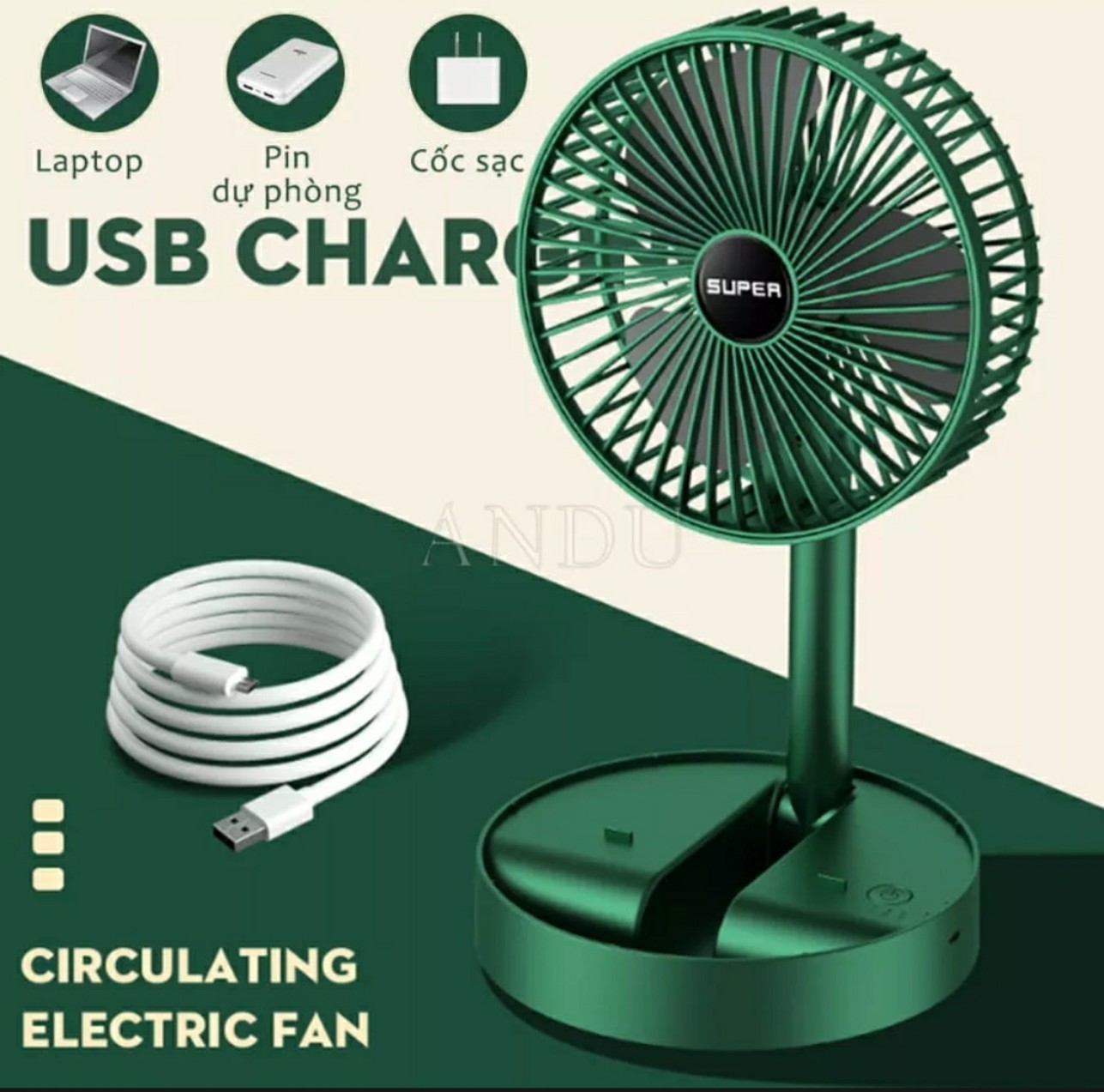 Quạt Tích Điện Để Bàn Mini Super Gấp Gọn Có Thể Kéo Dài 3 Tốc Độ Gió Xoay 360 Cổng Sạc Usb Tiện Dụng. (Mã SP: QUẠT SUPER 3 TỐC ĐỘ MÀU XANH)