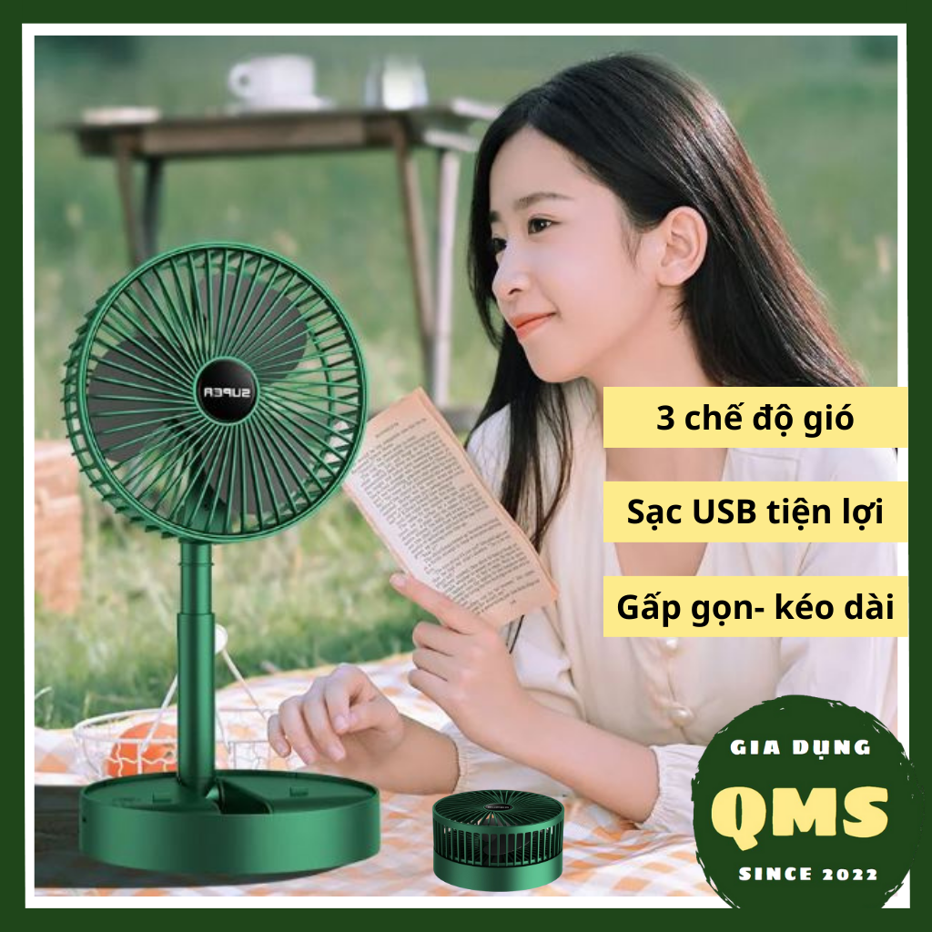 Quạt tích điện để bàn mini Super QMS gấp gọn có thể kéo dài 3 tốc độ gió xoay 360 cổng sạc usb tiện dụng (Mã SP: 3170_113434458)