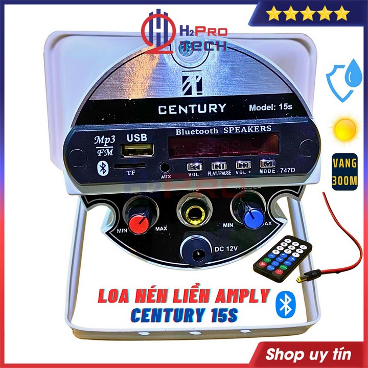 Loa nén liền ampli century 15s công suất cao 15w vang xa 300m, 12v-bluetooth-usb tiện dụng cho bán hàng rong-h2pro tech