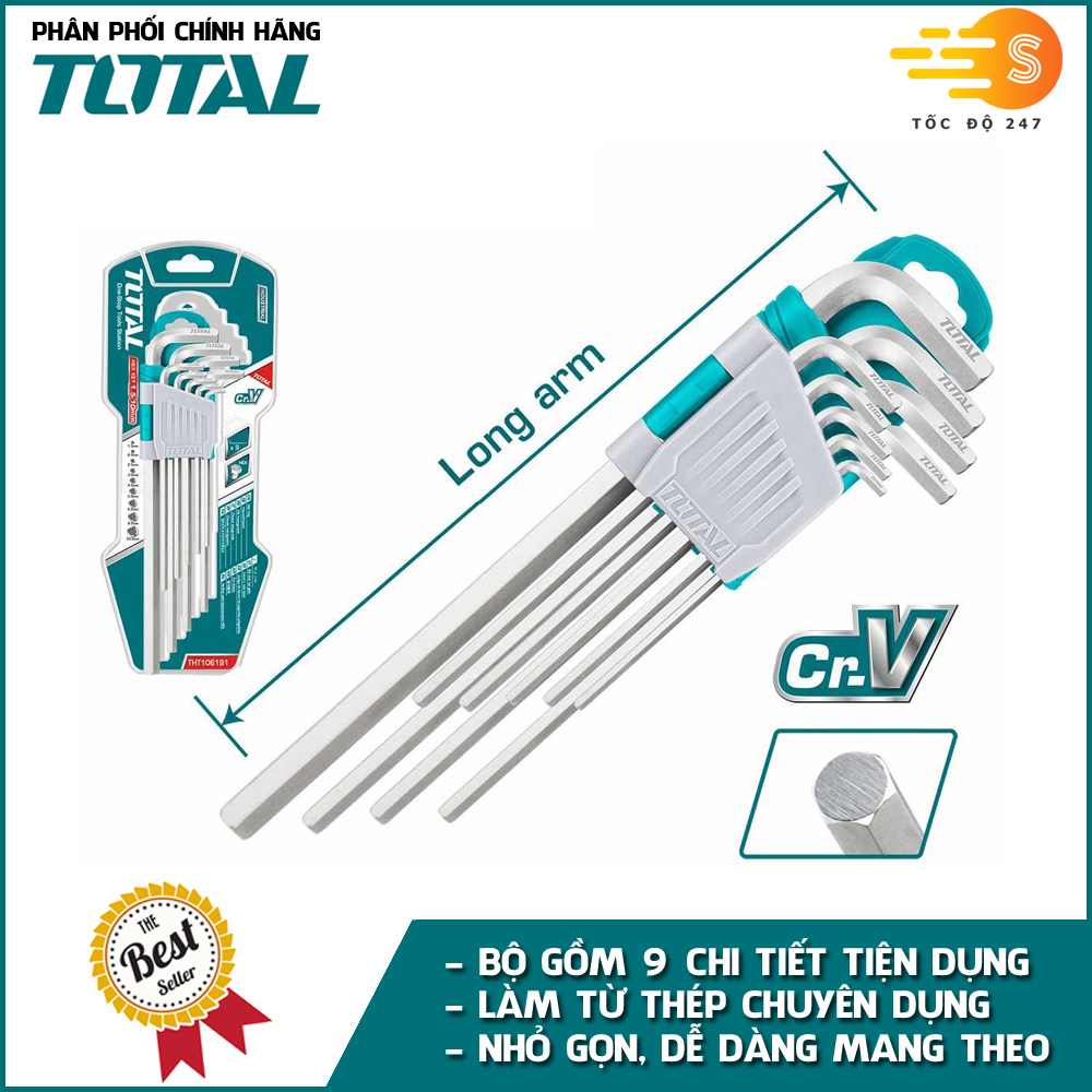 Bộ 9 chìa lục giác 1.5mm - 10mm đa năng TOTAL THT106191 - Nhỏ gọn, chất liệu thép chuyên dụng CR-V, dễ dàng bỏ túi mang theo (Mã SP: TO-THT106191)