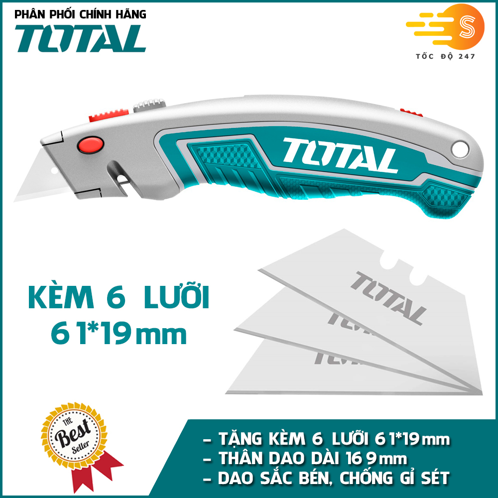 Dao rọc giấy đa năng kèm 6 lưỡi 61mm*19mm TOTAL THT5126128 - khóa tự động, nút ấn phẳng, tay cầm chắc chắn (Mã SP: 3983_114360773)