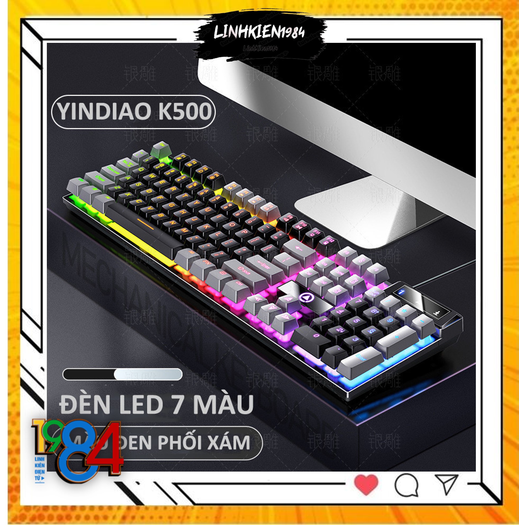 Bàn phím giả cơ YINDIAO K500 đa dạng màu sắc kèm theo đèn led 7 màu xuyên phím dành cho game thủ (Mã SP: 3273_114367942)