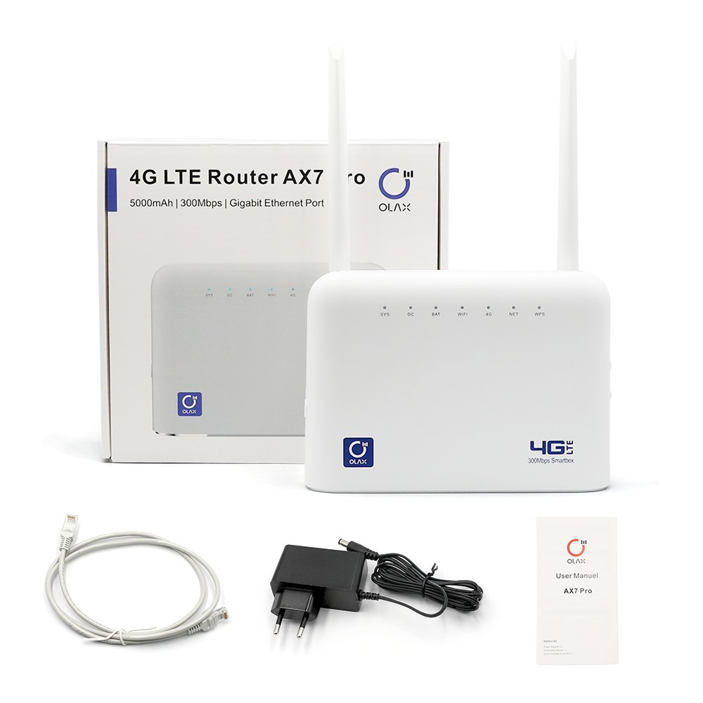 Phát Wifi 4G LTE Olax AX7 Pro sử dụng điện trực tiếp + Pin 5000mAh đi kèm, hỗ trợ 4 cổng LAN , kết nối 32 thiết bị... (Mã SP: AX 7 PRO OLAX)
